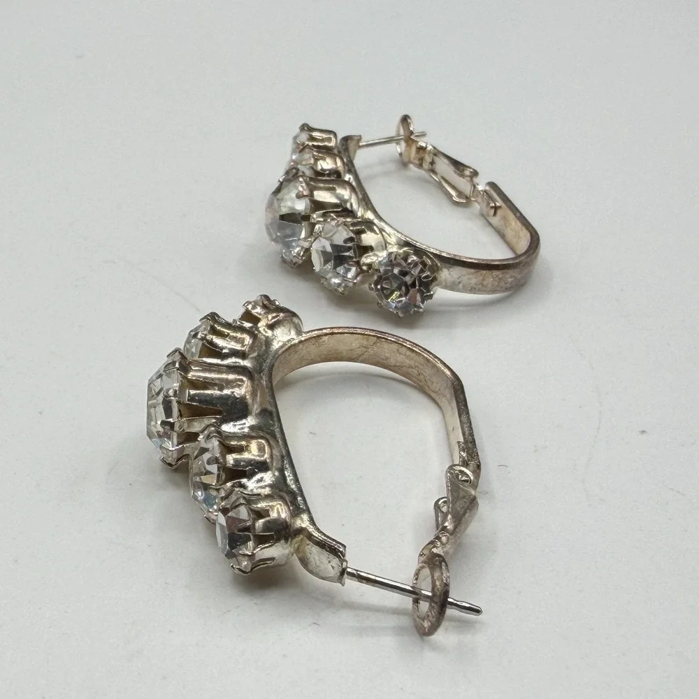 Rhinestone Hoop Earrings Silver Tone Clear Crystal Statement Wedding Glam Gift